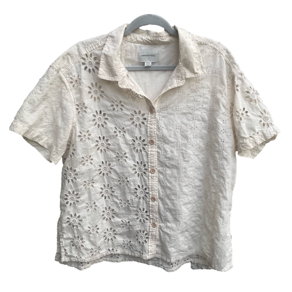 American Eagle Outfitters Cream Eyelet Button-Up Shirt